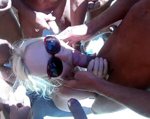 Blowbang with blond slutwife on Cap D'agde beach